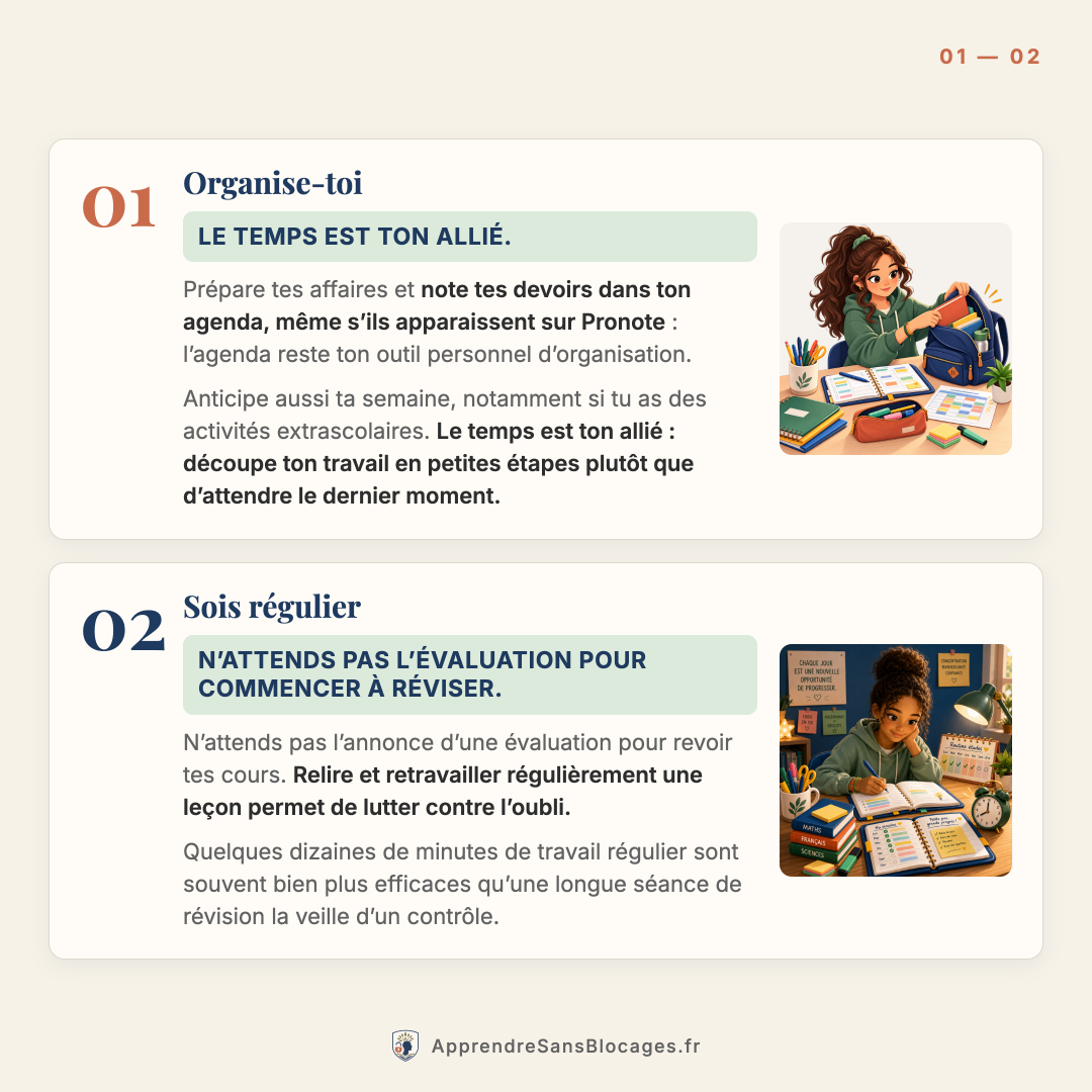 Conseils 01 et 02 : organise-toi, sois régulier