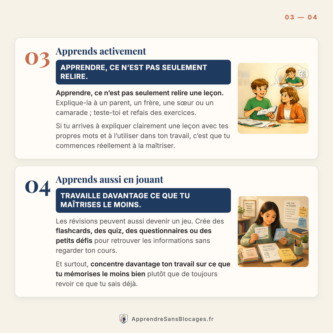 Conseils 03 et 04 : apprends activement, apprends aussi en jouant