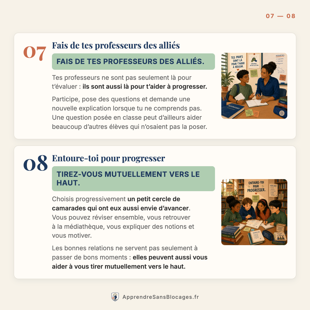 Conseils 07 et 08 : fais de tes professeurs des alliés, entoure-toi pour progresser