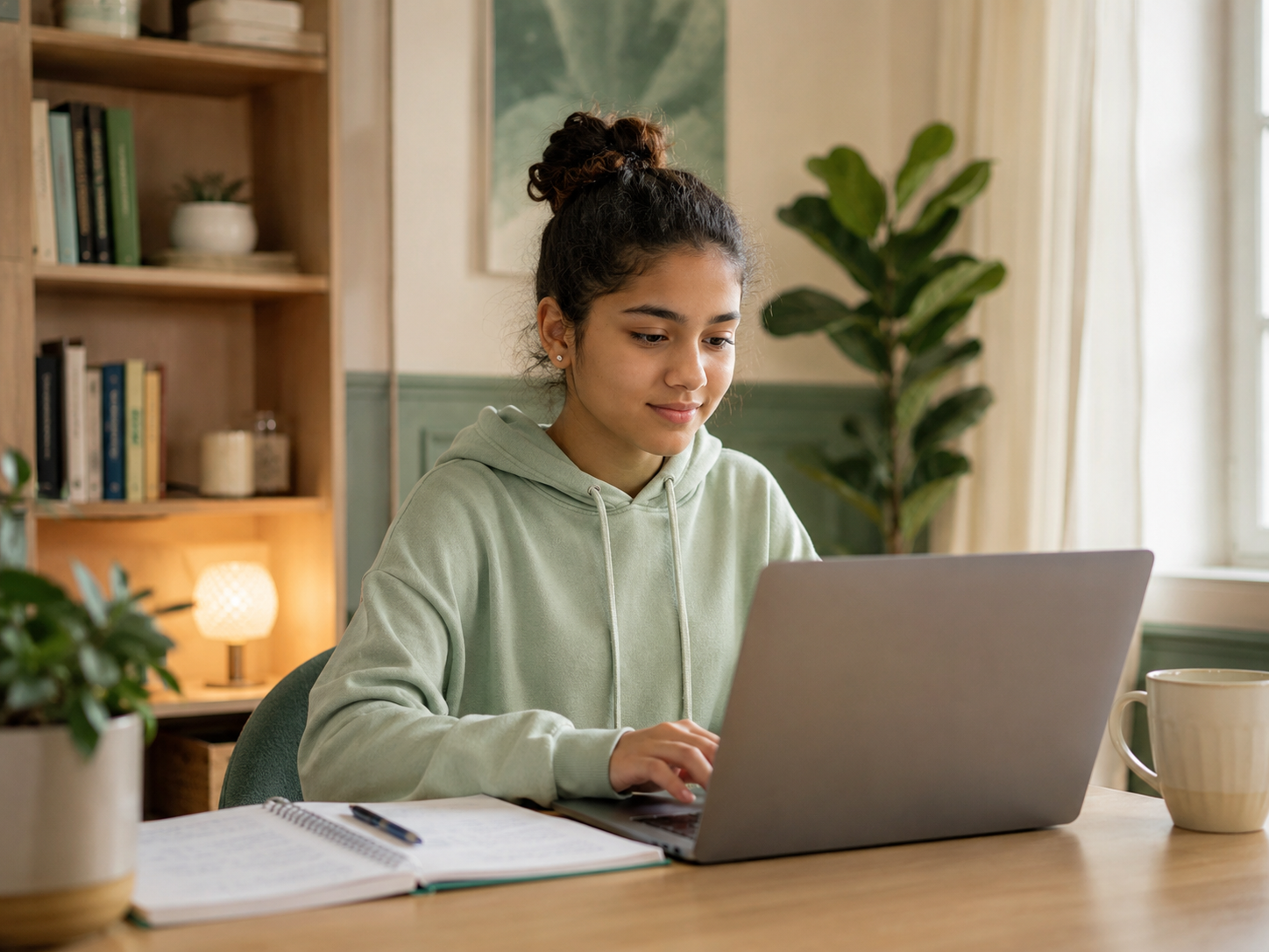 Un jeune réalise une activité en ligne dans un espace de travail calme.