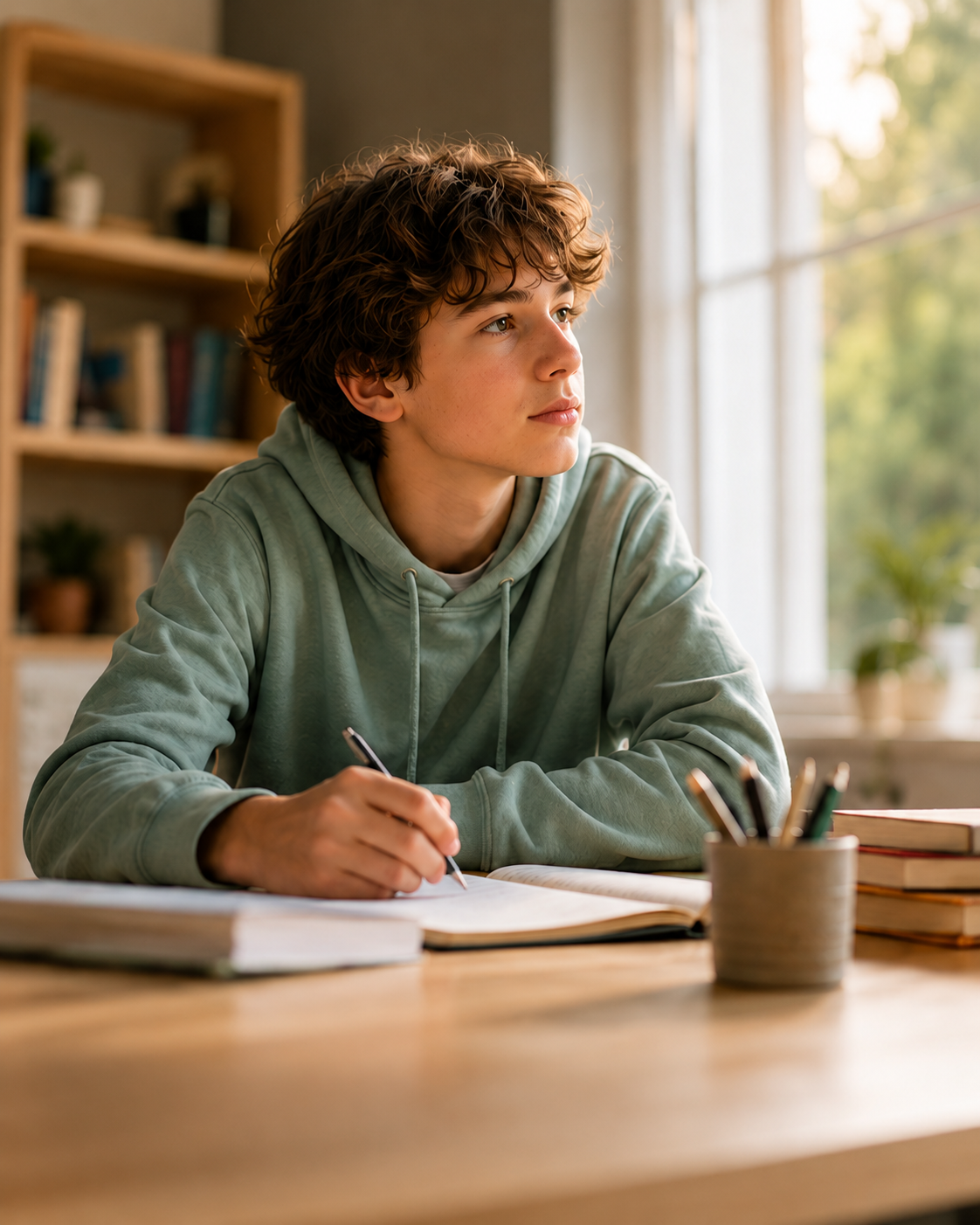 Un adolescent travaille à son bureau pendant qu'un adulte l'accompagne avec attention.