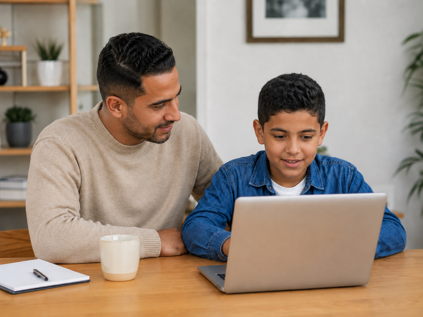 Un parent et son enfant échangent devant un ordinateur.